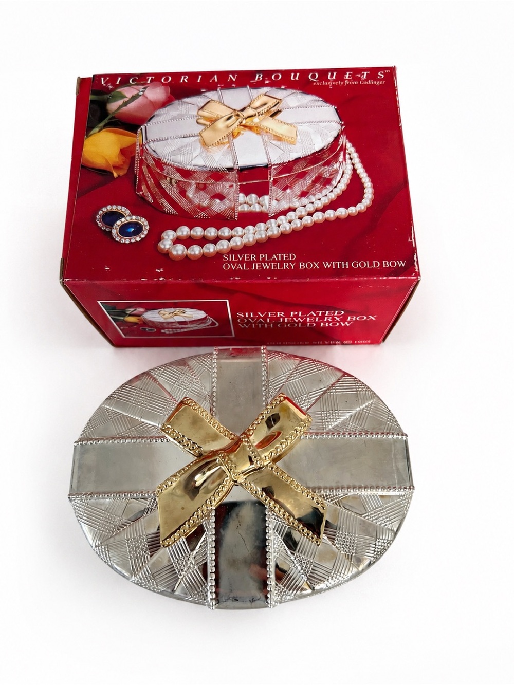 Godinger Victorian Bouquets Silver Plated Oval Jewelry Box Gold Bow Vintage